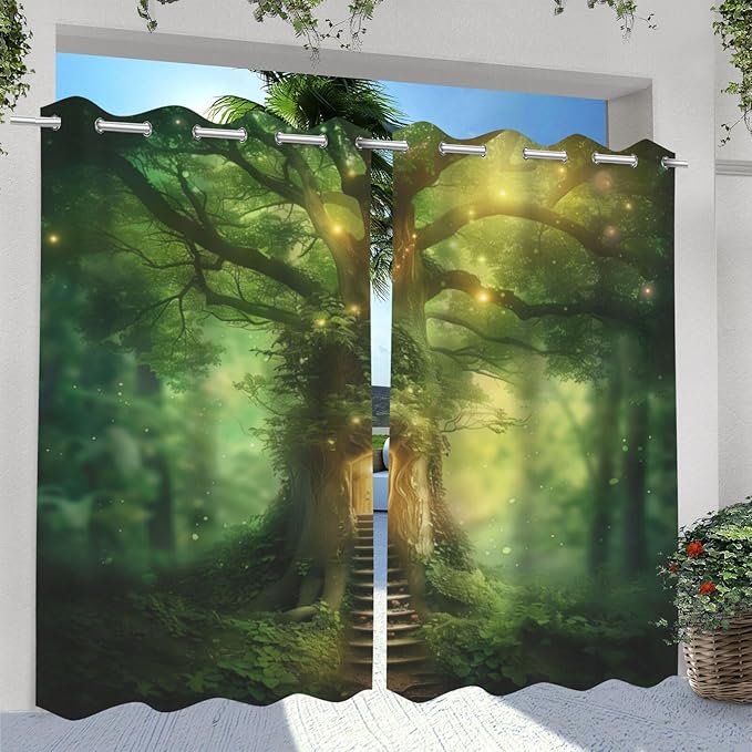 Fantasy Theme Waterproof Outdoor Curtains for Patio,Forest Pattern,UV and Fade Resistant Outside Curtains for Gazebo, Front Porch, Pergola,2 Panels,36 x 84 inch,Green