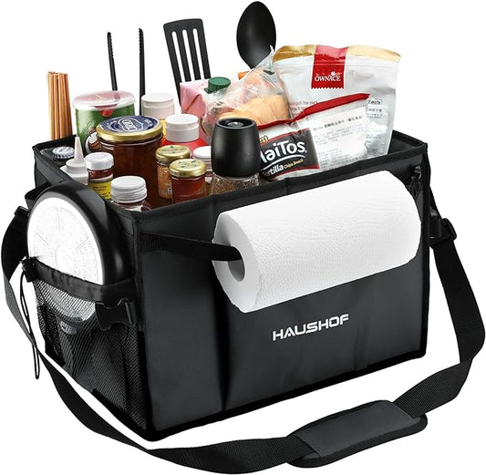 HAUSHOF Large Grill and Picnic Caddy with Paper Towel Holder, Condiment Pocket, Foldable BBQ Organizer Easy Carry Griddle Caddy for Camping, RV, Outdoor Waterproof Oxford Cloth (Black)