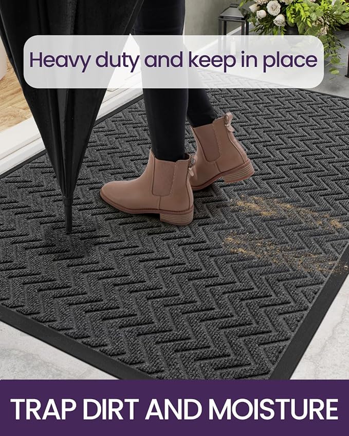 DEXI Front Door Mat Outside Entrance, 2x4 ft Rubber Entry Doormat Heavy Duty, Welcome Mats Non Slip for Inside House Floor Entryway Double Doors Exterior Patio, Chevron Dark Grey