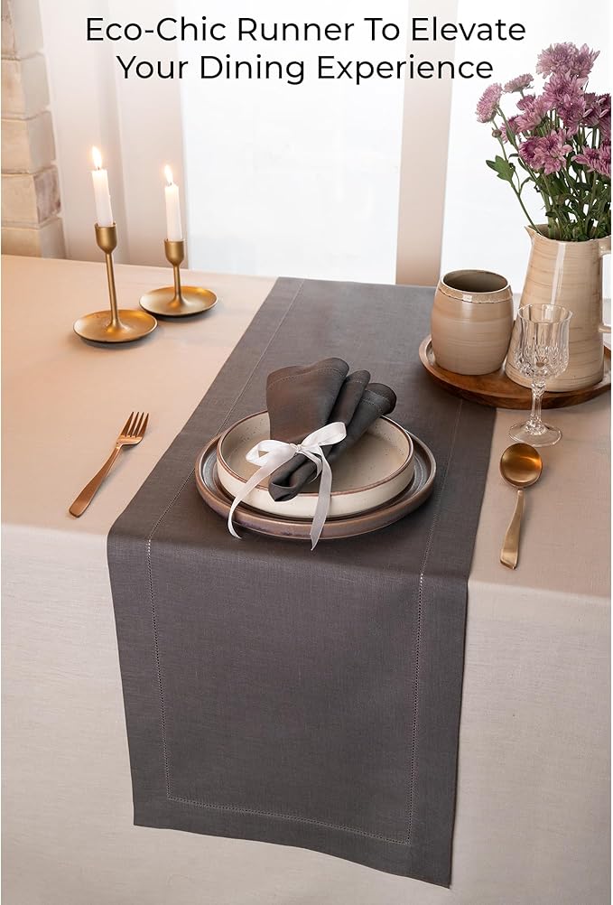 D'Moksha Homes Linen Charcoal Grey Table Runner 72 Inches Long - 100% Pure Linen Hemstitch Table Runner 14 x 72 Inch for Dresser, Dining, Spring, Easter - Classic Hemstitch