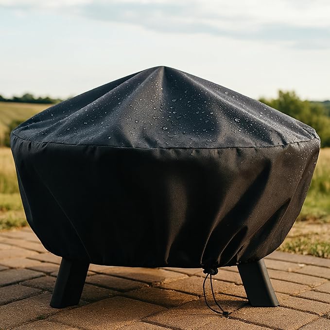 Sunnydaze Round Outdoor Fire Pit Cover - Heavy-Duty 300D Polyester and PVC with Drawstring Closure - Black - 58-Inch