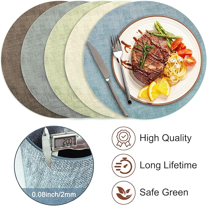 Round Faux Leather Placemats and Coasters, Set of 6, Reversible Heat Resistant Non-Slip Table Mats, Waterproof Wipeable Place Mats for Dining Table, Washable for Indoor & Outdoor (6, Blue)