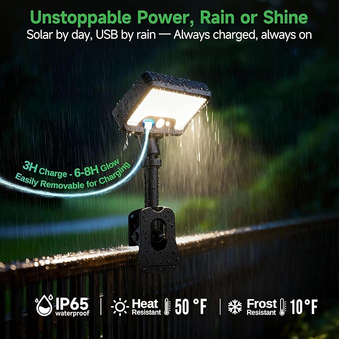 Solar Fence Lights Outdoor, 3CCT Motion Sensor Clip On Light with Adjustable Modes, 600LM IP65 Waterproof, Dusk to Dawn, 1500mAH USB Solar Powered for Garden, Wall, Black [2-Pack]