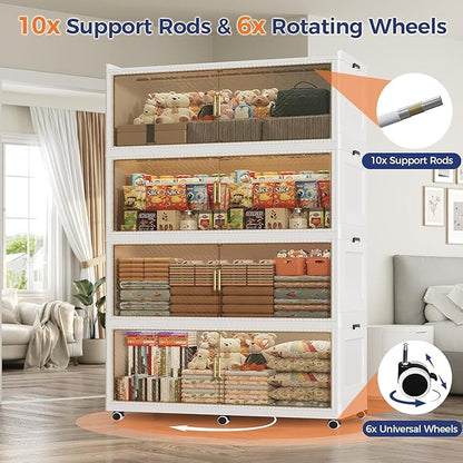 200GAL Extra Large Storage Bins with Lid, 800QT Collapsible Organizer with Wheels, Stackable Closet Cabinet with Doors, Folding Storage Containers for Home, Office, Kitchen, 4Pack White
