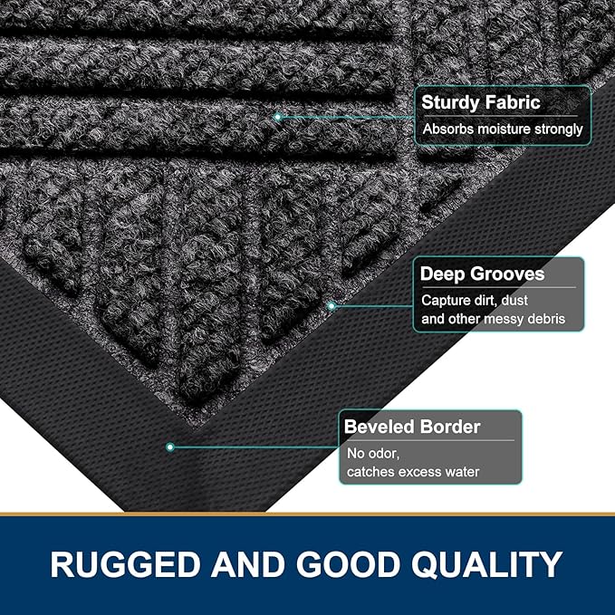 Smiry Front Door Mat Outside Entrance, Heavy Duty Outdoor Indoor Natural Rubber Doormat, Non Slip, Trap Dirt and Moisture, Easy Clean, Low Profile Patio Porch Entryway Mat, 35x23, Silver Grey