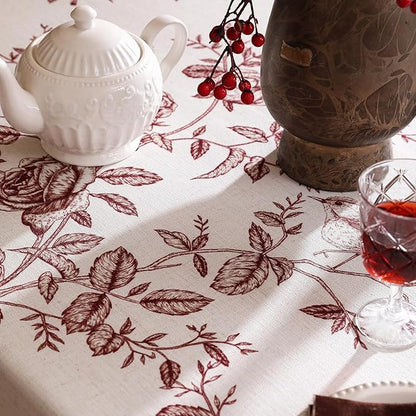 ISAENNE Designer Vintage Linen Rectangular Tablecloth,Red Floral Pattern Linen Stain Resistant Table Cloth,Decor Tablecloths for Dining Thanksgiving Kitchen Tea Party,55"*87"-Harmony