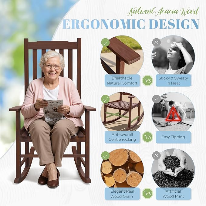 Flamaker Acacia Wood Outdoor Rocking Chairs Set of 2 | High Back and Widen - Image 5