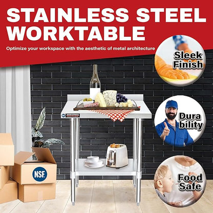 DuraSteel NSF Commercial Kitchen Table - 24 x 30 Inch Cooking Prep Stainless Steel Kitchen Island Workstation w/ Adjustable Under Shelf - Heavy Metal Backsplash Workbench For Restaurant, Home, Garage