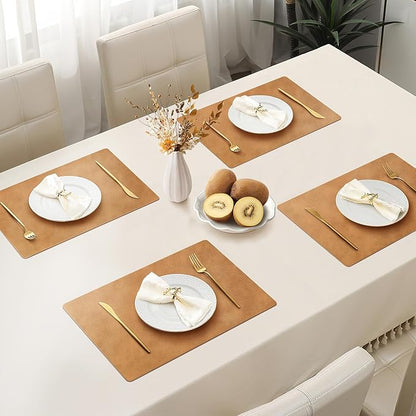 Roxifina Faux Leather Placemats Set of 4 - Vinyl Placemats Wipeable Waterproof Oil-Proof PU Place Mats Heat Resistant Reversible Table Mats for Dining, Kitchen, Outdoor, 12 x 17 Inch (Camel)