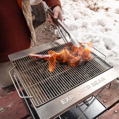 Explorer Bear 20" Stainless Steel Foldable Takibi Fire & Grill with Carrying Bag, Bridge, and Coal Bed | Portable Wood Burning Grill and Fire Pit | Perfect for Camping, Outdoors, Patios