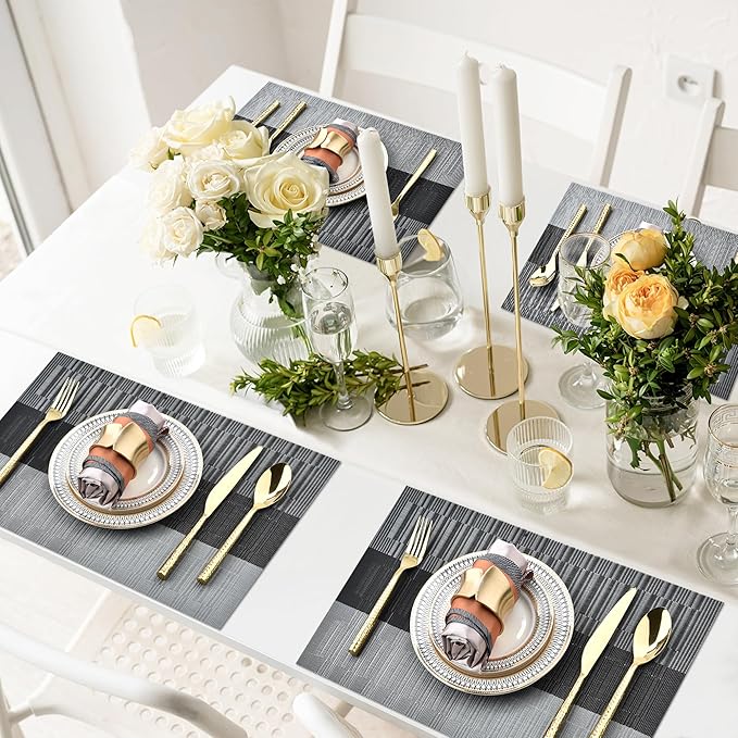 SLKQG Placemats Set of 6 - Easy Clean Washable Vinyl Placemats - Heat Resistant PVC Place Mats for Dining Table (Black and Gray, 6)