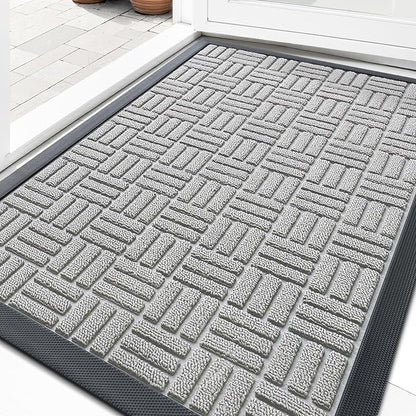 OLANLY Front Door Mat Outside Entrance 33x21, Absorbent, Heavy Duty Sturdy Natural Rubber Doormat Indoor Outdoor, Non-Slip, Stain and Fade Resistant, Low Profile Floor Mat for Entryway, Light Gray