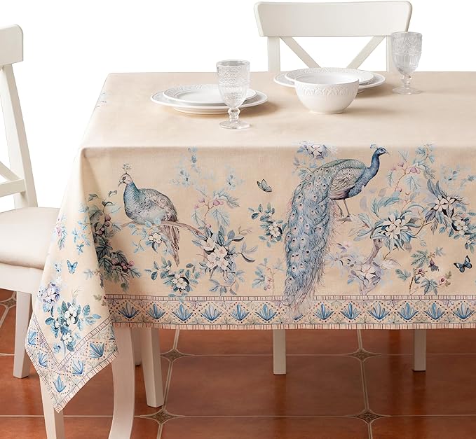 Maison d' Hermine Premium Table Cloth Rectangle Table 100% Combed Cotton 120 x 70 Inches Tablecloth Reusable Decorative for Dining Room, Home, Party, Festive & Wedding - Peacock Utopia - Sandy Beach