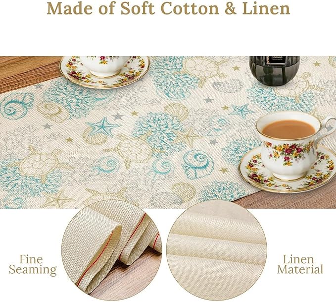 Ocean Coastal Table Runner, Nautical Summer Beach Coral Sea Turtle Table Runner for Kitchen Coffee Dining Bedroom Living Room Dinner 13x108in