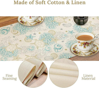Ocean Coastal Table Runner, Nautical Summer Beach Coral Sea Turtle Table Runner for Kitchen Coffee Dining Bedroom Living Room Dinner 13x60in