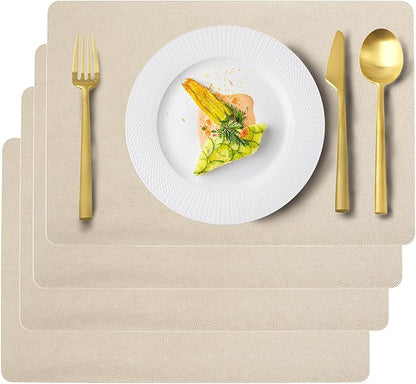 Vinyl Placemats Set of 4 Faux Leather 100% Waterproof Wipeable Washable Place Mats Heat Resistant Easy Clean Non-Slip Table Mats for Indoor Outdoor. (4,Beige)