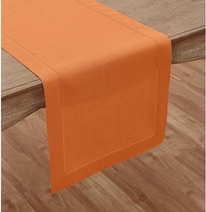 Solino Home Linen Hemstitch Table Runner 108 Inches Long - 100% Pure Linen Pumpkin Table Runner 14 x 108 Inch - Classic Hemstitch