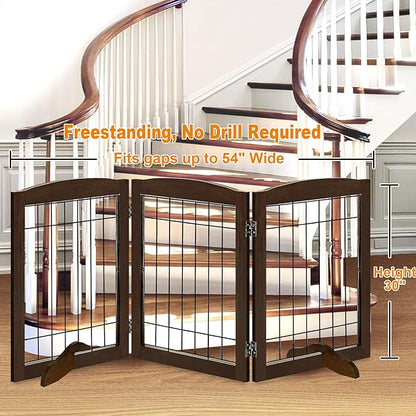 LZRS 3-Panel Freestanding Adjustable Wooden Dog Gate—30" Tall Foldable Pet Barrier with Support Feet, Chew-Resistant Solid Hardwood & Steel Wire Safety Fence for Doorways, Hallways, and Stairs, Walnut