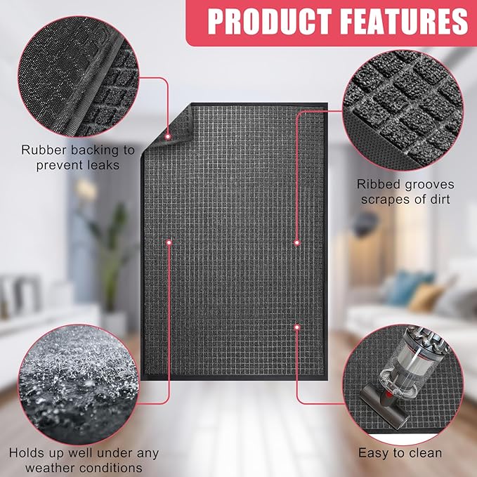 Kuyal Front Door Mat, 2'*3' Door Mat for Inside Outside Entrance,Waterproof Welcome Mats with Non-Slip Backing, Indoor Outdoor Entryway, Commercial Floor Mats, Durable & Easy to Clean, Dark Gray