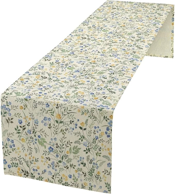 Rustic Flower Table Runner, Spring Sage Green Eucalyptus Leaves Watercolor Floral Flower Plant Leaves Print Table Cover for Dinning Holiday Home Picnic Party Decor, 13x60inch