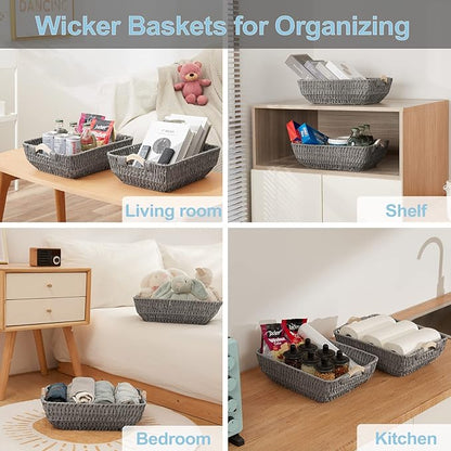 FairyHaus Wicker Baksets 2Pack 15x10x5, Recyclable & Renewable Paper Rope Wicker Storage Bakset with Solid Wood Handles, Wicker Baskets for Shelves Organizing, Grey