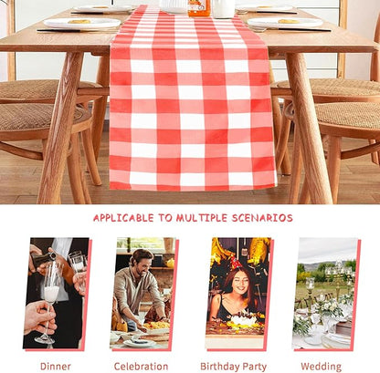Fabric Checkered Table Runner 12 Pack Waterproof Gingham Table Runner 14W x 108L Buffalo Check Table Runners for Parties Kitchen Dining Wedding Banquet (Red and White)
