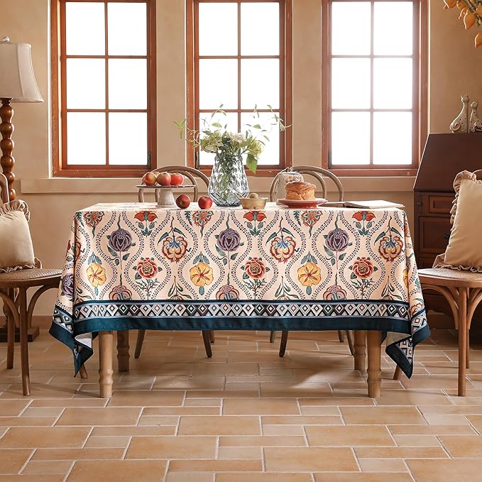 Vintage French Small Rectangular Tablecloth,Linen Tablecloth with Rose and Cornflower Pattern,Decorative Table Cover for Kitchen,Dining,Thanksgiving,Tea Party,55" × 71"-Lanae