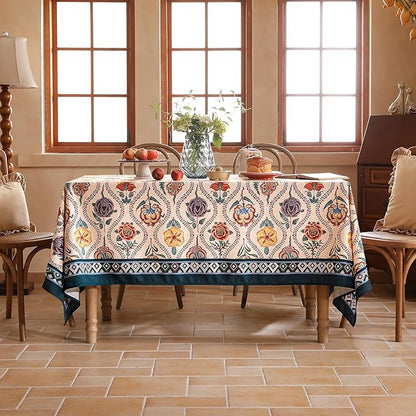 Vintage French Small Rectangular Tablecloth,Linen Tablecloth with Rose and Cornflower Pattern,Decorative Table Cover for Kitchen,Dining,Thanksgiving,Tea Party,55" × 71"-Lanae