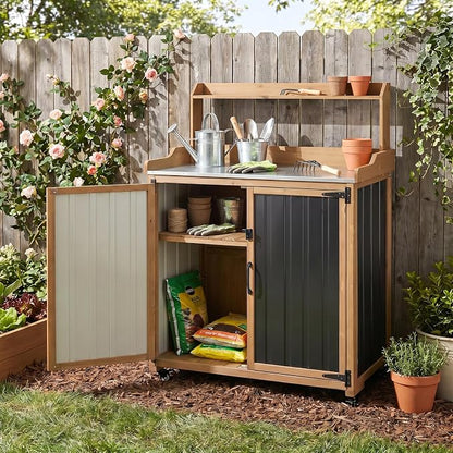 Outdoor Storage Cabinet with 4 Wheels and Handle, Metal & Wood Potting Bench - Image 9