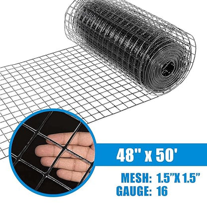 Fencer Wire 16 Gauge Hardware Cloth, Black Vinyl Coated Welded Wire Mesh, Chicken Coop Wire Fence, 1.5 inch x 1.5 inch Grid (4 ft. x 50 ft.)