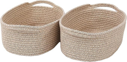 Woven Basket,Small Rope Storage Bin with Handles & Ribbon Bag, Organizer for Shelves Closets,Gift Basket Empty for Birthday,Books,Dog Toys,Oatmeal/2 Pack