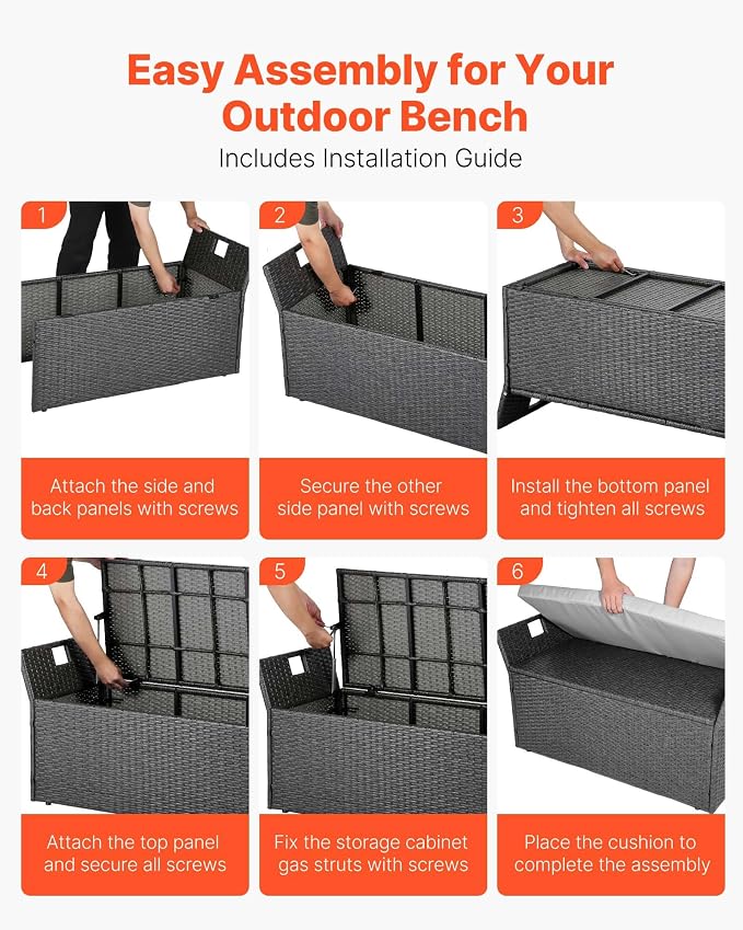 VEVOR Outdoor Storage Bench, 2-Person PE Rattan Storage Bench, 40 Gal Deck Box - Image 7