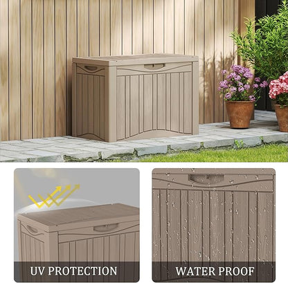 50 Gallon Plus Resin Deck Box, Waterproof Outdoor Storage Box for Patio, Poolside, and Garden, Lockable UV-Resistant Storage Bin Bench Cabinet for Small Spaces, Grey