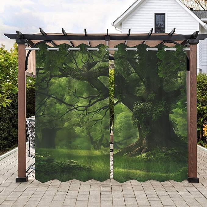 Nature Theme Waterproof Indoor/Outdoor Curtains,Forest Pattern,Weatherproof Outside Curtain for Cabana, Porch, Pergola and Gazebo,2 Panel,54 x 96 inch,Green