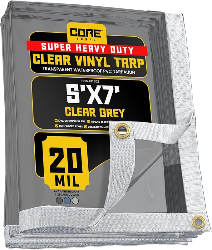 Core Tarps 20 Mil Extreme Heavy Duty Clear Tarp with Gromments - 5x7ft Super Clear Tarps Heavy Duty Waterproof Vinyl Tarpaulin, Transparent Tarp for Outdoor, Camping & Construction, Clear Grey