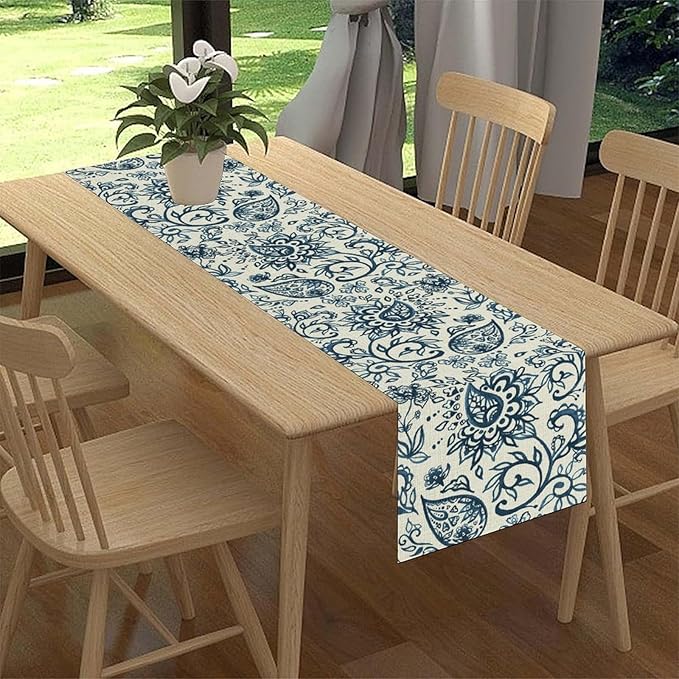 Blue Paisley Table Runner, Vintage Damask Antique Floral Flower Boho Damask Swirled Rustic Coffee Table Center Decor for Family Kitchen and Living Room Outdoor Table Decorations, 13"x108"