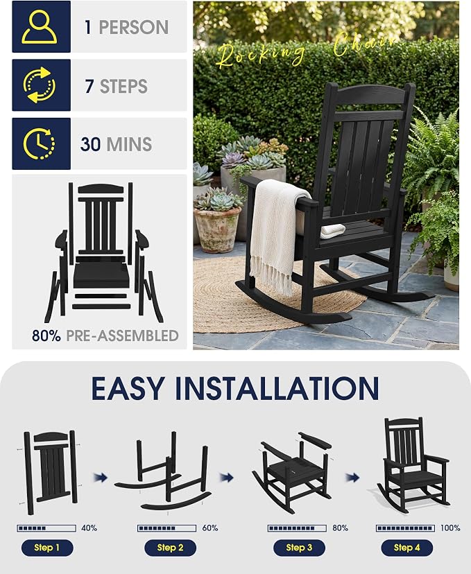 Oversized Outdoor Rocking Chairs Set of 4, HDPE Porch Rocker - Image 7