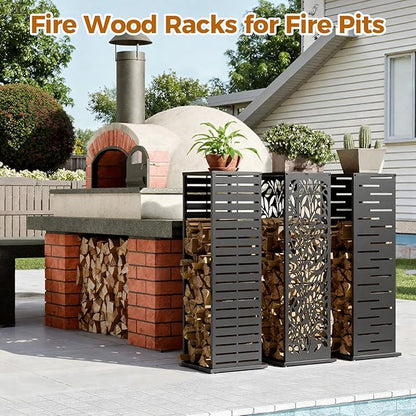 4ft Firewood Rack Outdoor, Fire Wood Rack Log Holder with Louver Pattern Hooks Adjustable Feet, Firewood Storage for Indoor Fireplace Patio Balcony Black