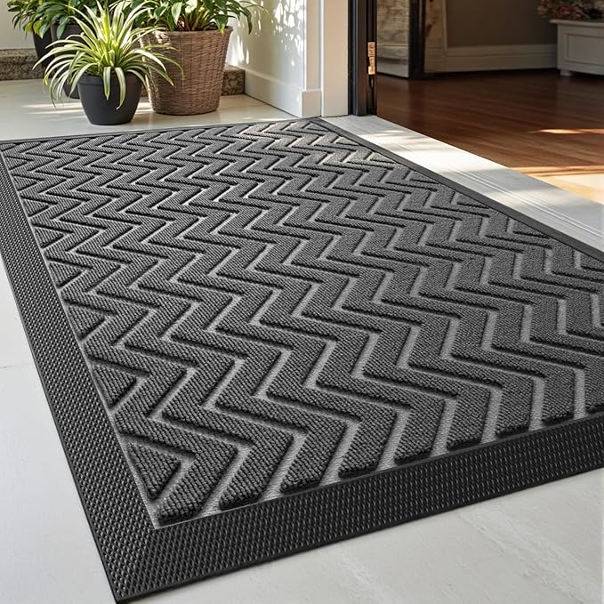 DEXI Front Door Mat Outside Entrance, 2x3 ft Rubber Entry Doormat Heavy Duty, Welcome Mats Non Slip for Inside House Floor Entryway Back Doors Exterior Patio, Chevron Dark Grey