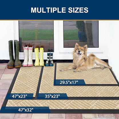 Smiry Front Door Mat Outside Entrance, Heavy Duty Outdoor Indoor Natural Rubber Doormat, Non Slip, Trap Dirt and Moisture, Easy Clean, Low Profile Patio Porch Entryway Mat, 47x32, Beige
