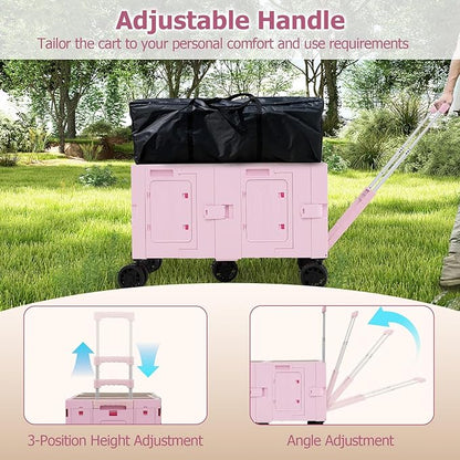 Goplus Large Foldable Utility Cart w/ 2-Tier Storage Crates, 5 Rotate Wheels, Metal Telescoping Handle, Portable Rolling Trolley Collapsible Cart for Grocery Shopping Camping & Travel