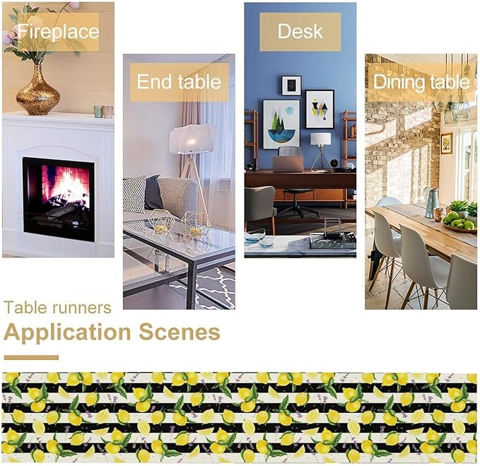 Farmhouse Lemon Fruit Table Runner Nature Aesthetic Black White Stripe Flowers Plant Dining Table Decoration for Home Holiday Party Dresser Kitchen Cabin Restaurant Wedding Decor 13×60in