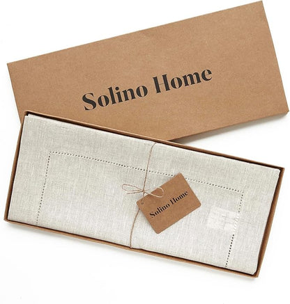 Solino Home Linen Light Natural Table Runner 60 Inches - Classic Hemstitch, 100% Pure Linen Coffee Table Runner 14 x 60 Inch Ideal for Dresser Tables - Spring, Easter