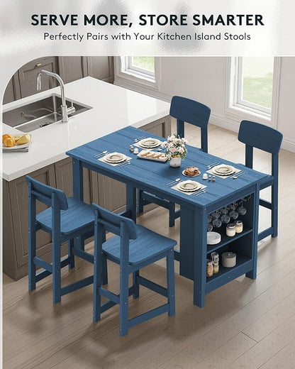 SERWALL Outdoor Bar Table, All Weather HDPE 36" Counter Height Dining Table with Storage and Wine Rack for Patio, Garden, Backyard, Balcony, Poolside, Blue