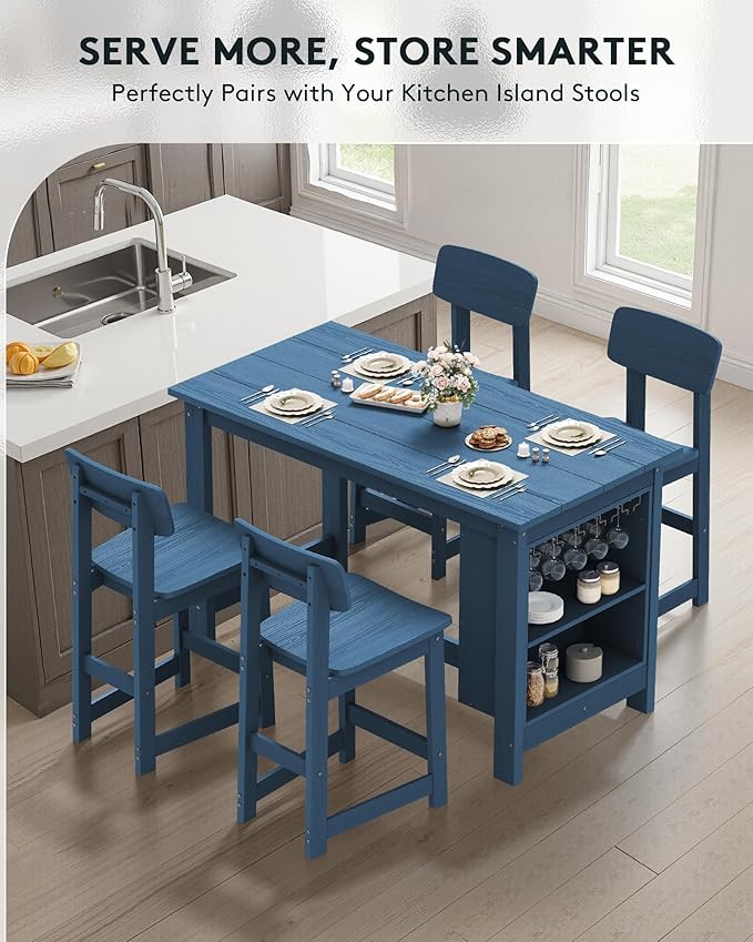 SERWALL Outdoor Bar Table and Chairs Set, 3-Piece HDPE Counter Height Patio Dining Sets with Storage and Wine Rack, Rectangular High Top Bar Table with 2 Bar Stools for Garden, Backyard, Blue