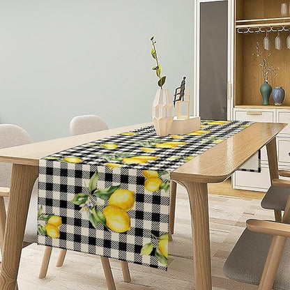Fresh Lemon Table Runner, Yellow Lemon Black White Buffalo Check Plaid Table Runner for Farmhouse Coffee Home Kitchen Dining 13x36in