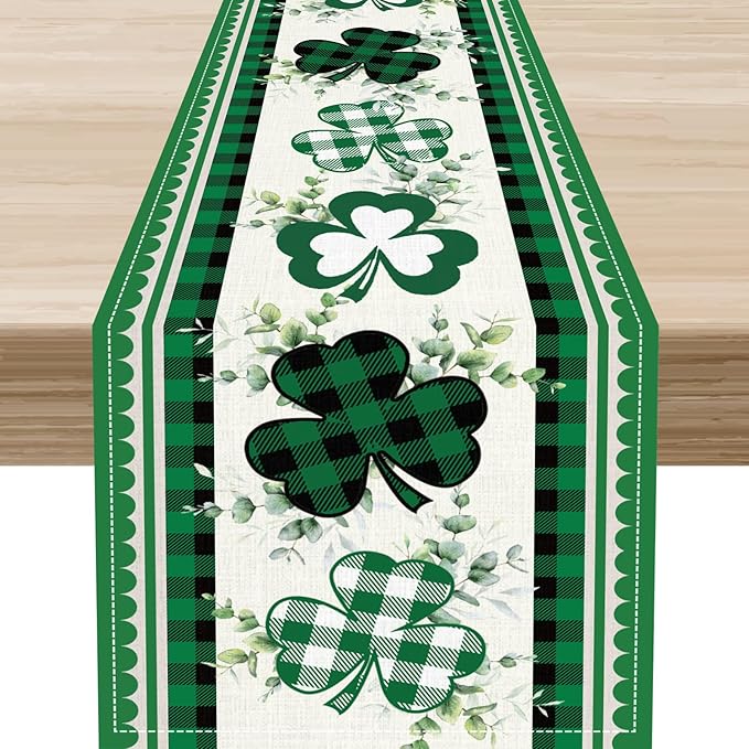 St.Patrick's Day Table Runner,Green Plaid Clover Eucalyptus Leaves Retro Linen Table Center Decor for Home Kitchen Dining Patio Holiday Party Indoor Decorations, 13"x72"