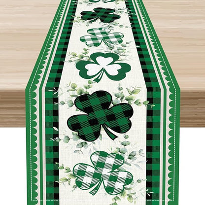 St.Patrick's Day Table Runner,Green Plaid Clover Eucalyptus Leaves Retro Linen Table Center Decor for Home Kitchen Dining Patio Holiday Party Indoor Decorations, 13"x72"