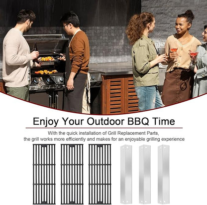 Hiorucet Grill Replacement Parts for Chargriller 5650, 5050, 3001, 5072, 3030, 3008, 4000, 5252 Gas Grill, Cast Iron Cooking Grates, Stainless Steel Heat Plates for King-Griller 3008 5252 Gas Grill