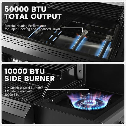 4 Burner Propane Grill,50000 BTU BBQ Grill with Side Burner and Enameled Cast Iron Grates,Visible Window Gas Grill with Wheels for Outdoor Cooking, Patio, Garden Barbecue Griliing